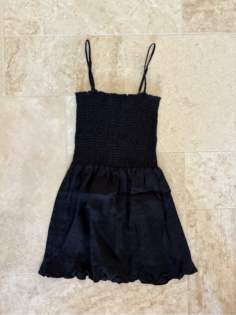 Reformation Kiernan Linen Black Smocked Bodice Spaghetti Strap Mini Dress